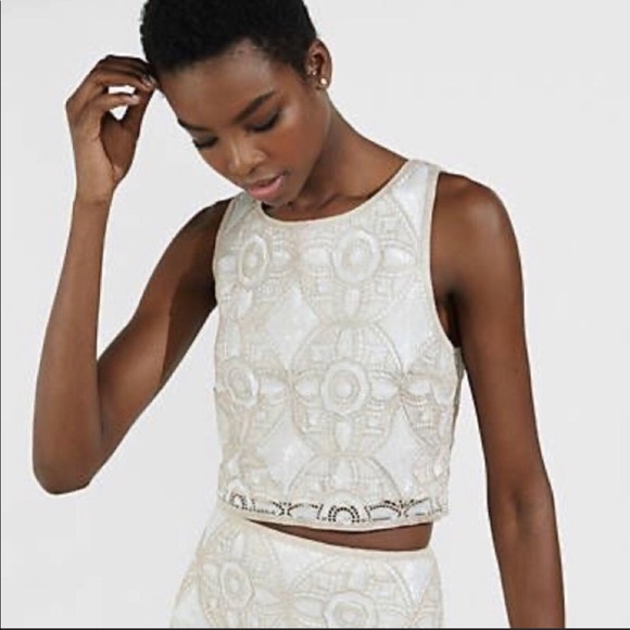 Express Tops - Express Crochet Metallic Sequin Crop Top